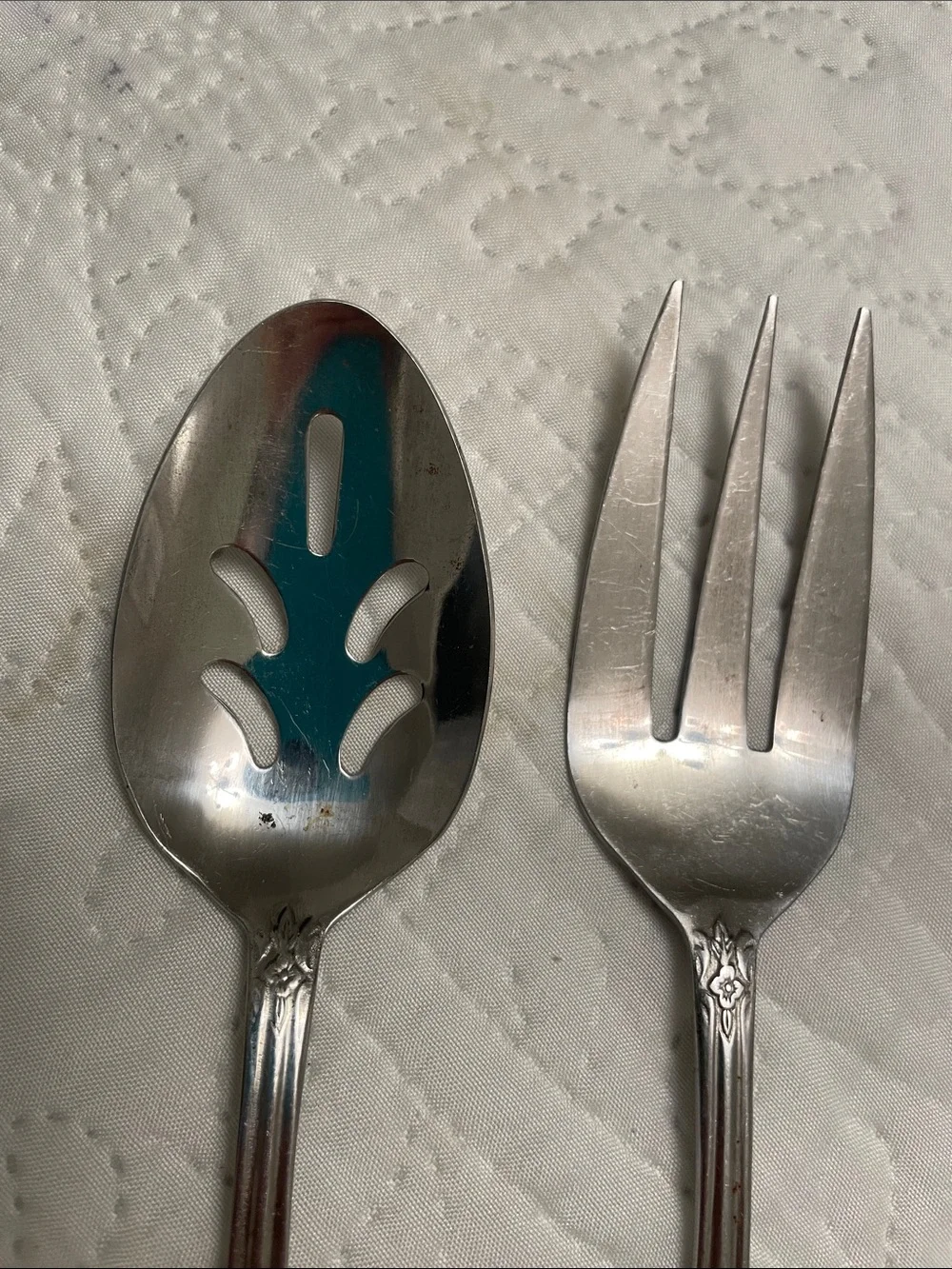 Vintage Set of 2 LUSTREWARE Rose Pattern Serving Fork & Slotted Spoon Set